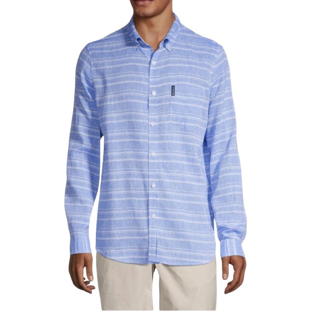 Ben Sherman Blue White Linen Blend Long Sleeve Button Down Shirt